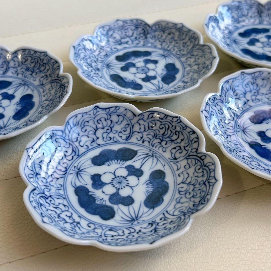 三洋陶器　龍峰窯　染付唐草　小皿揃　5枚セット　豆皿　古伊万里　輪花皿　和柄