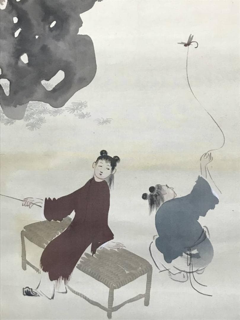【真作】方堂/唐子図/蜻蛉遊び図/トンボ図/人物図/掛軸/名家伝来/AB-865