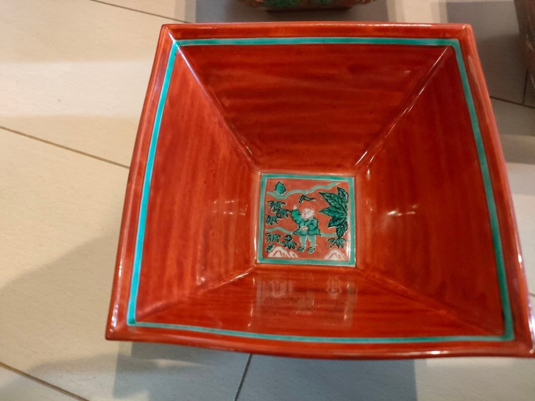叶松谷　松谷窯　嘉靖意　赤絵　唐子画　向付　五客　組鉢　四角　懐石　会席　和食器
