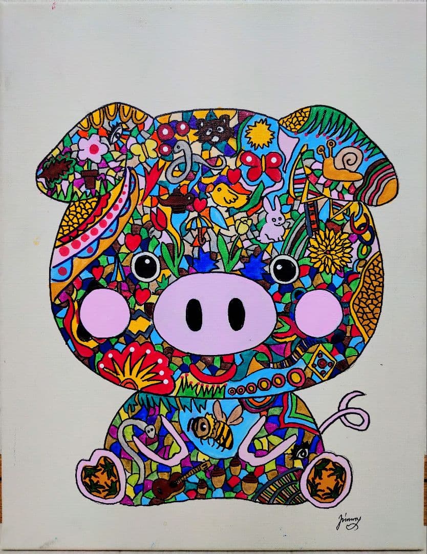 【F6号】ジミー大西【Pig】手描き作品/裏サイン有/油彩/アクリル/絵画/額縁