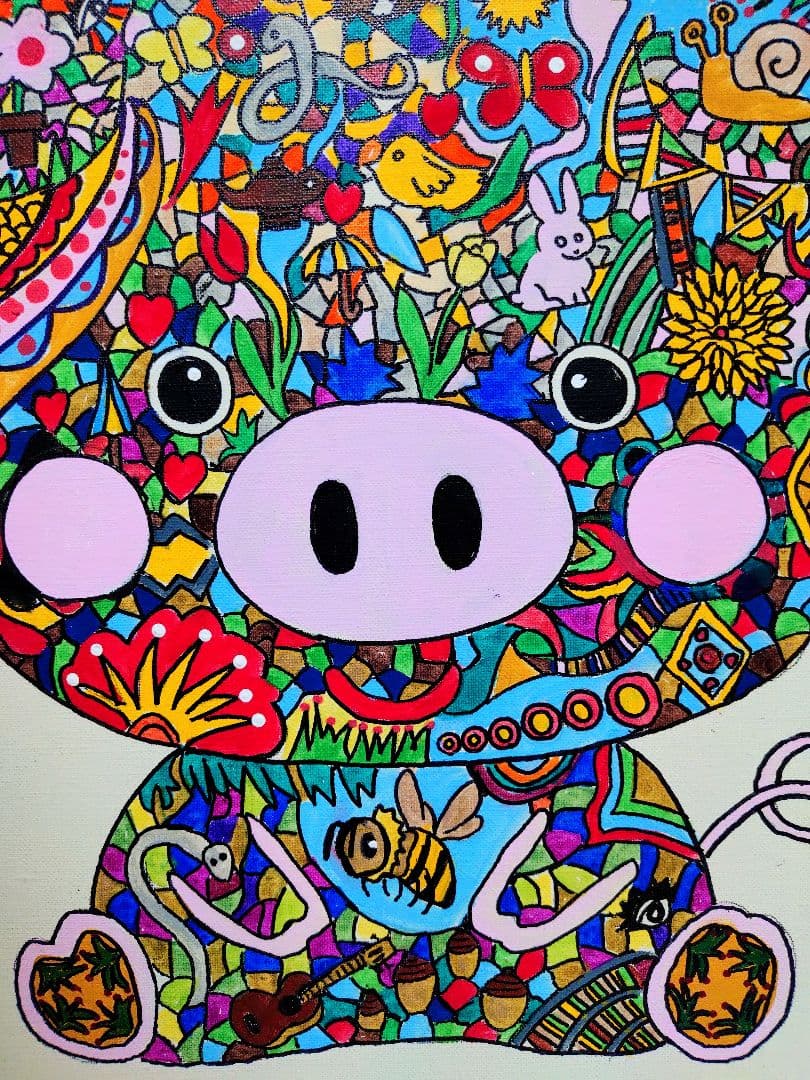 【F6号】ジミー大西【Pig】手描き作品/裏サイン有/油彩/アクリル/絵画/額縁