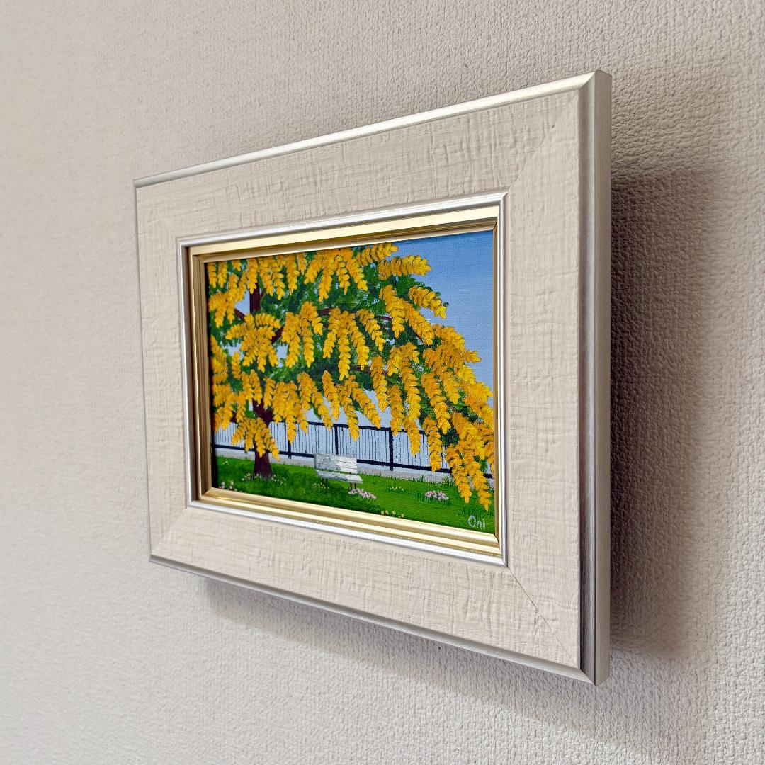 アクリル画　原画　「ミモザの下で04」額縁付き　SMサイズ　キャンバス