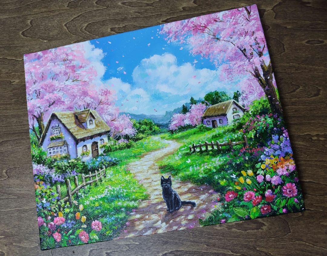 【春満開の日】アクリル画 F3 風景画 絵画