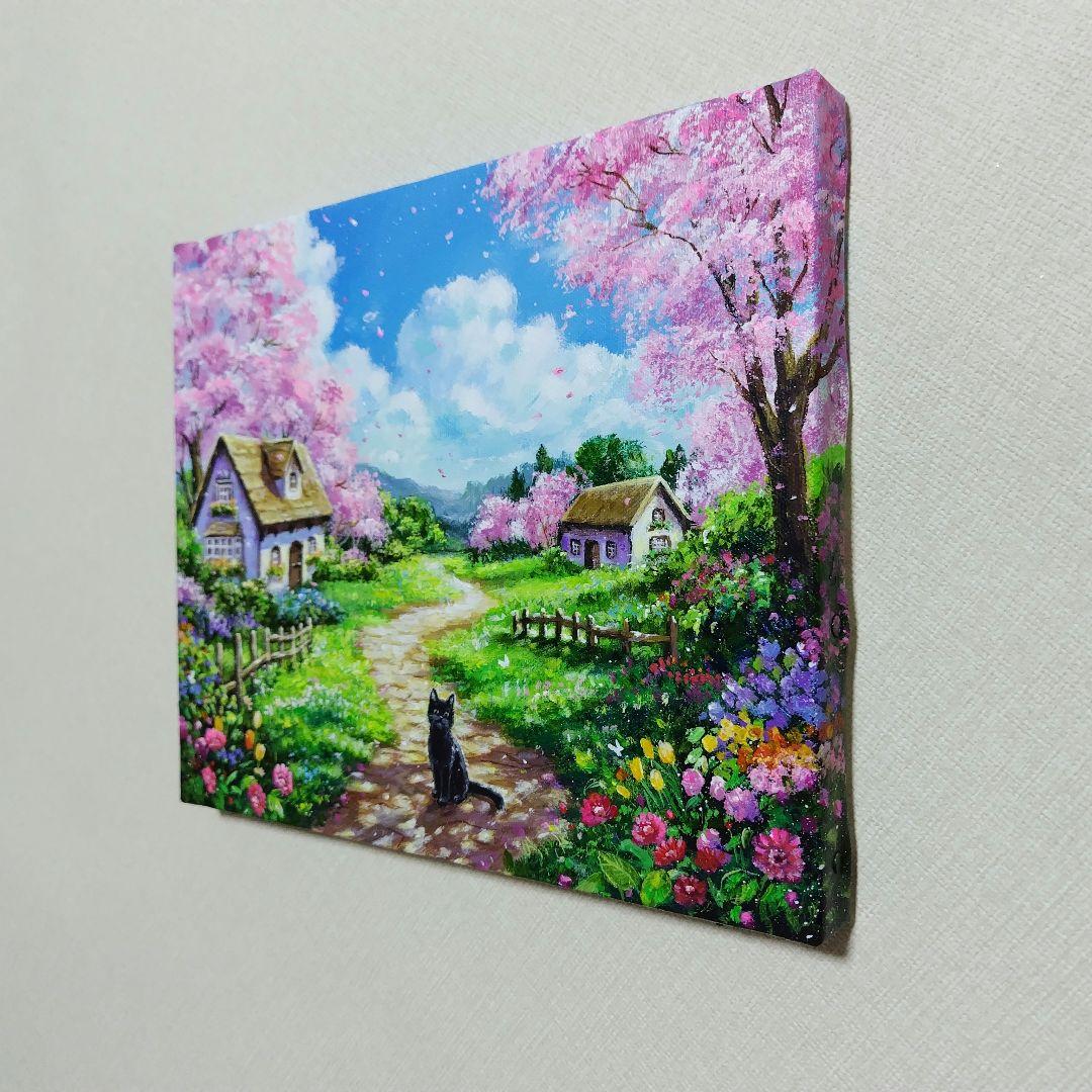 【春満開の日】アクリル画 F3 風景画 絵画