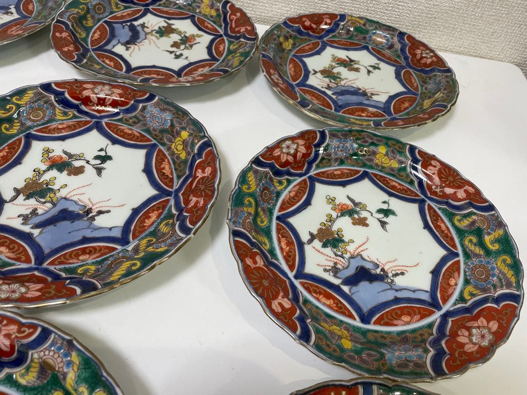【現状品】古伊万里 金彩 色絵 染付 陶器 花柄 中皿 割烹 懐石 10枚 ②