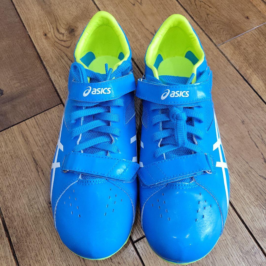 未使用　asics スパイクシューズ 青/黄色　 ベルクロストラップ　ピン付き