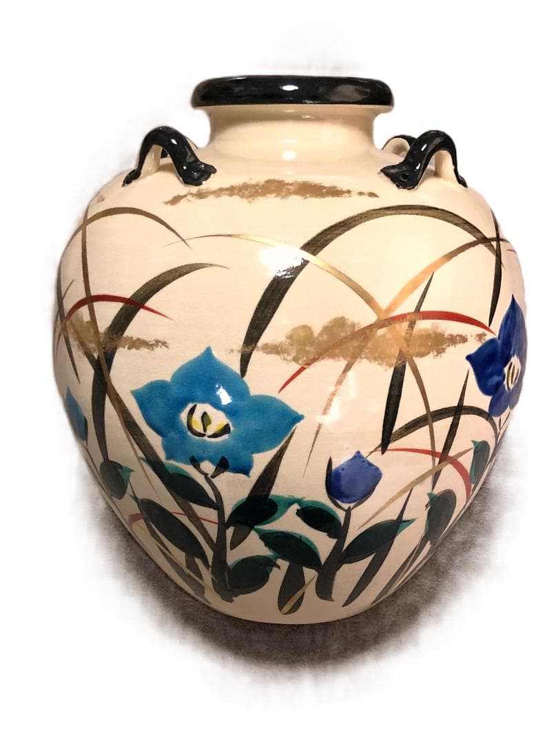 【 京焼秋草図色絵四耳壺 】　尾形乾山ブランド　アンティーク品