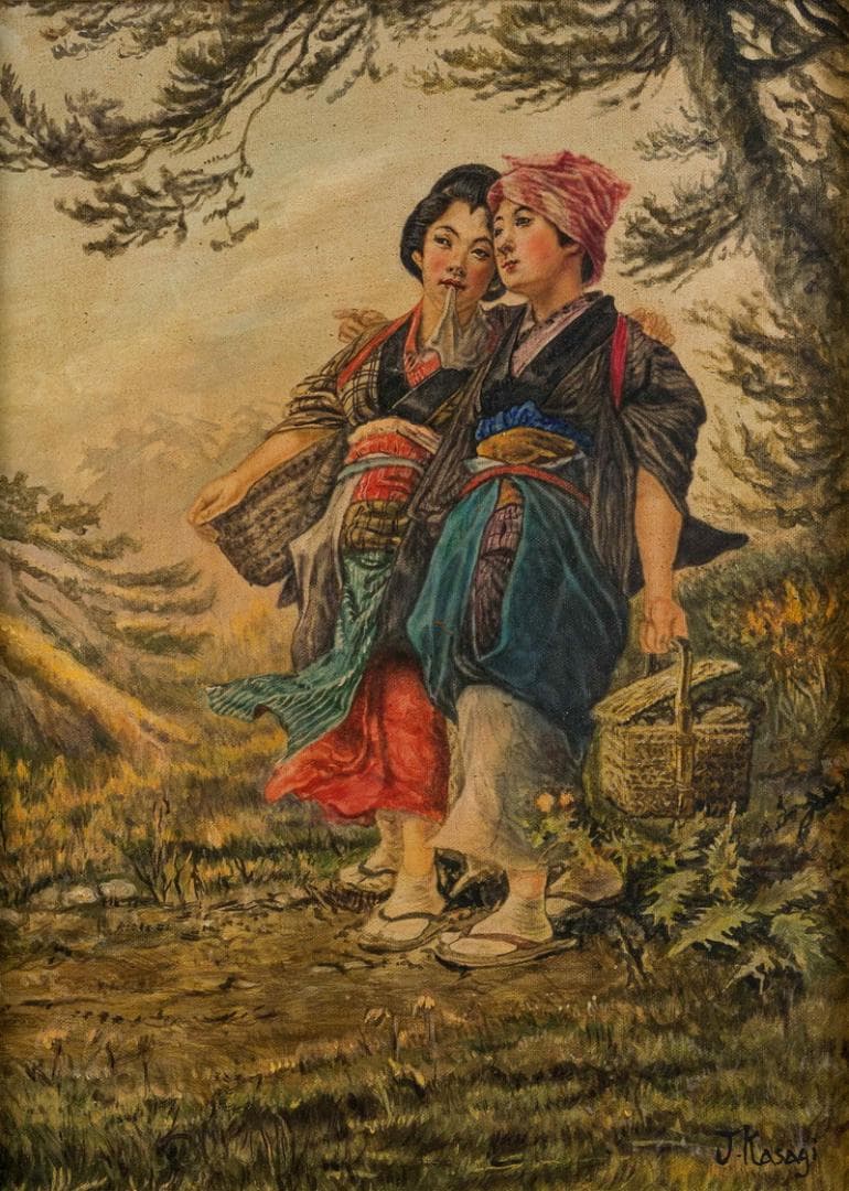 笠木治郎吉　油彩　肉筆『農家の少女たち』表サイン　画廊シール　P8　額　b930