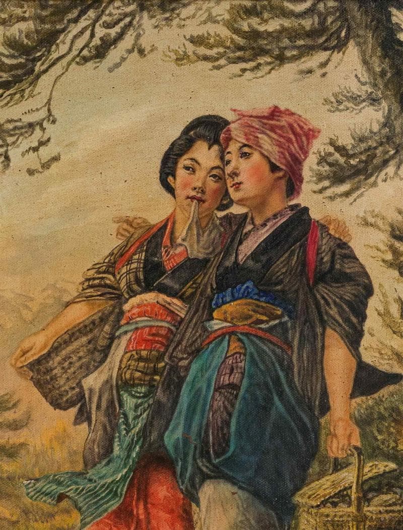 笠木治郎吉　油彩　肉筆『農家の少女たち』表サイン　画廊シール　P8　額　b930