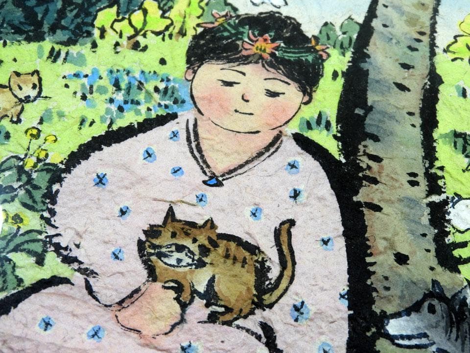 ●屋代寿文 春の憩い 和紙に肉筆 桜下の少女と動物 猫 犬 兎 狐 鳥 春の情景