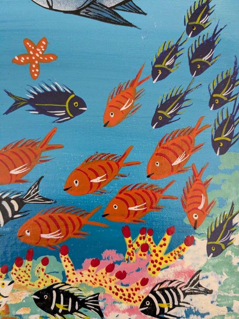 ●アフリカの絵画、ティンガティンガ、海、魚、Majidu、30×30cm