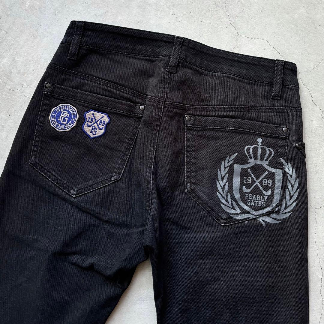 PEARLY GATES ストレッチロングパンツ ワッペン プリント 黒 M