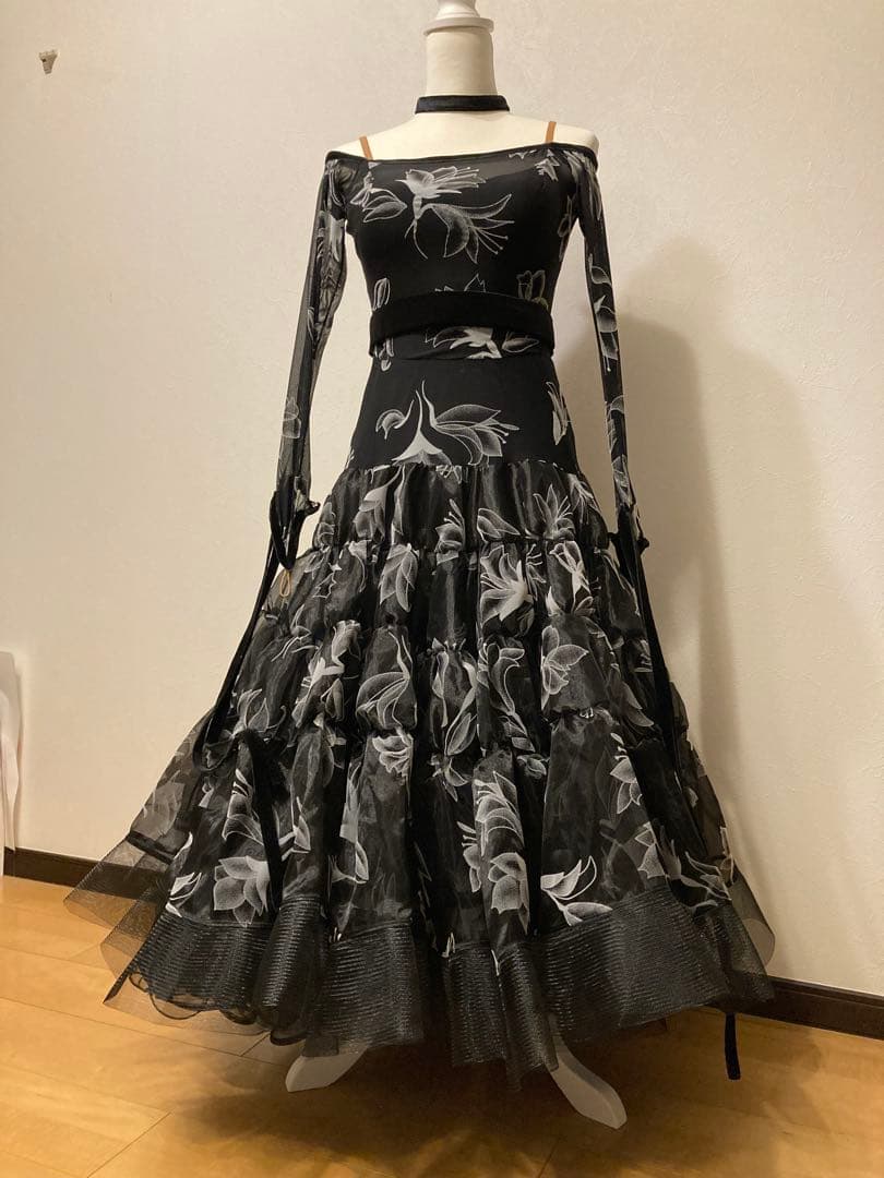 社交ダンス用黒白花柄ドレスLサイズ