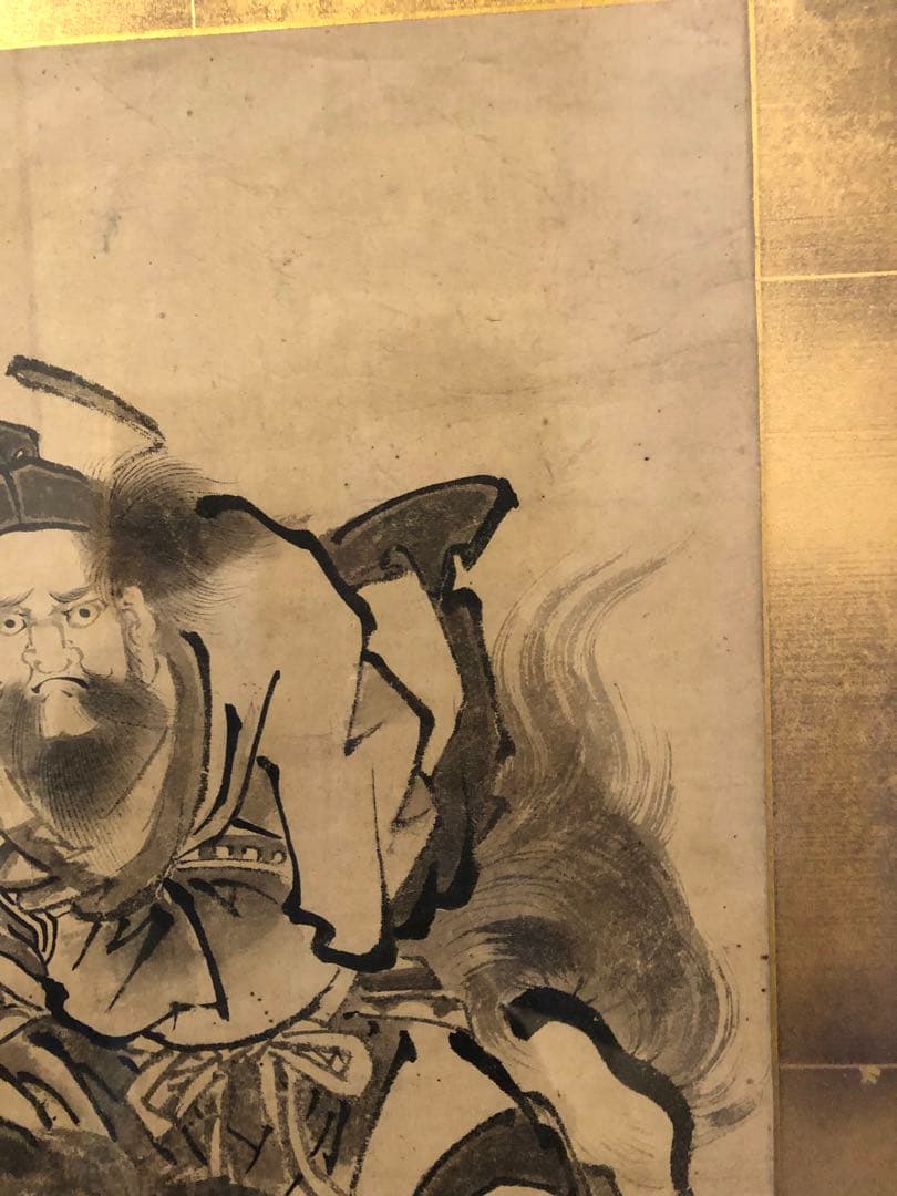 水墨画 武士と獅子 金箔背景　葛飾北斎
