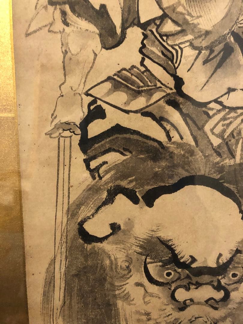 水墨画 武士と獅子 金箔背景　葛飾北斎