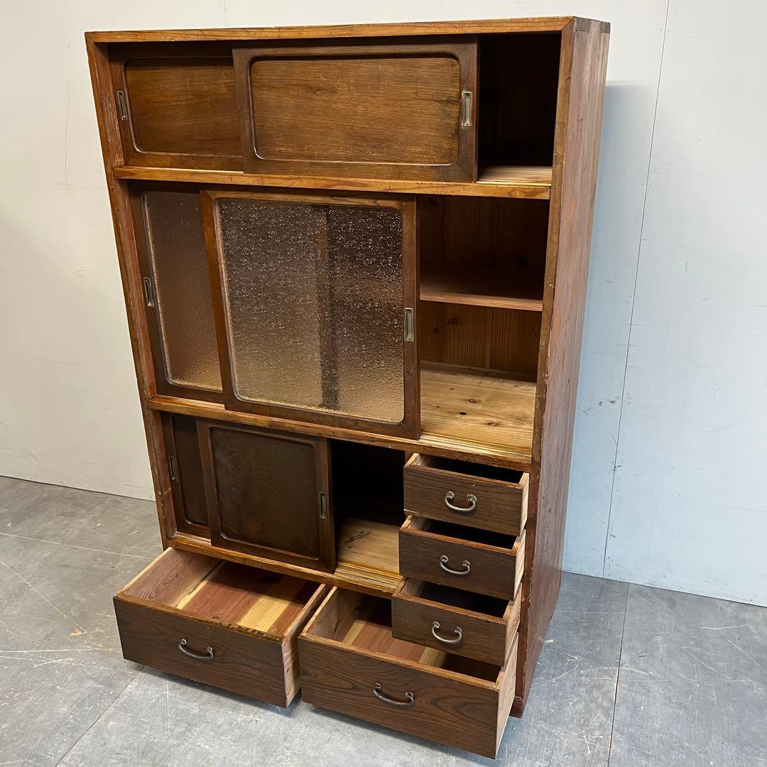 アンティーク すりガラス 水屋箪笥 希少 キャビネット チェスト 昭和レトロ