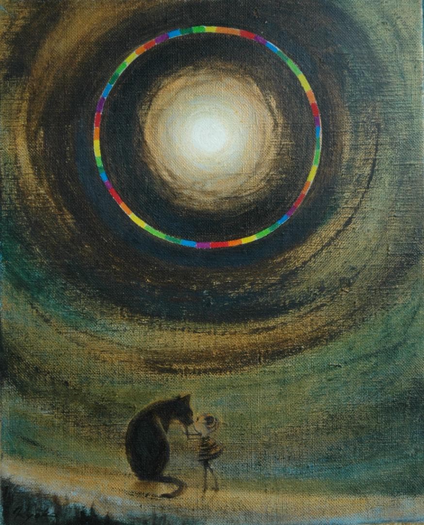 油絵 菅家令子絵 絵画インテリア額付(白) F3-051821 祈り犬猫 女の子