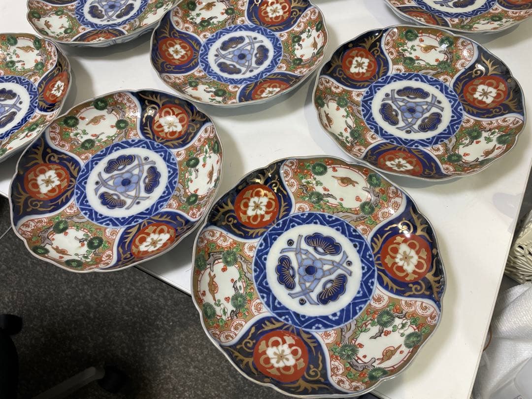 【現状品】古伊万里 金彩 色絵 染付 陶器 花柄 中皿 割烹 懐石 10枚 ②