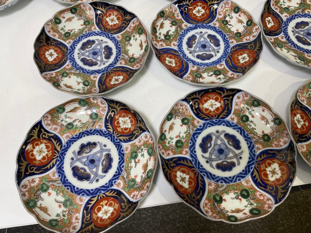 【現状品】古伊万里 金彩 色絵 染付 陶器 花柄 中皿 割烹 懐石 10枚 ②