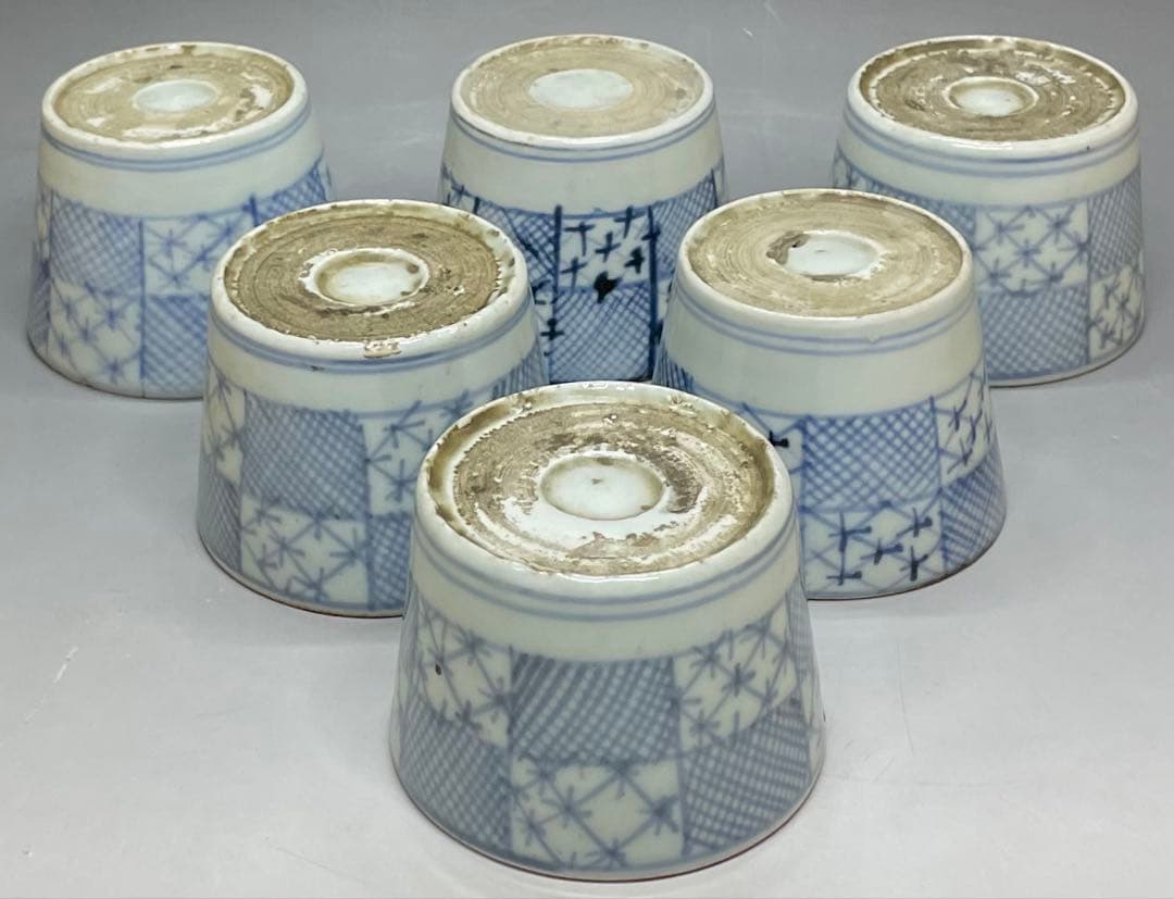 古伊万里　蕎麦猪口　市松格子文　染付　江戸時代　6客　h8039