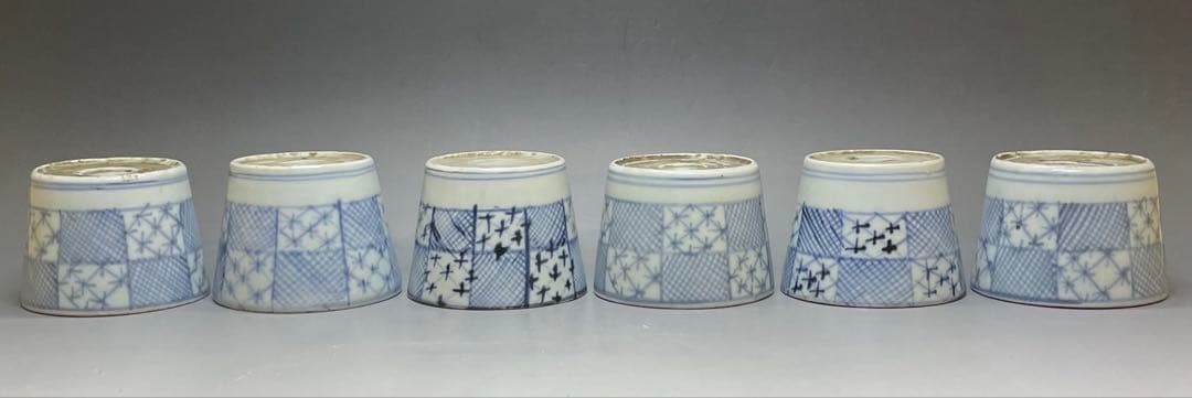 古伊万里　蕎麦猪口　市松格子文　染付　江戸時代　6客　h8039