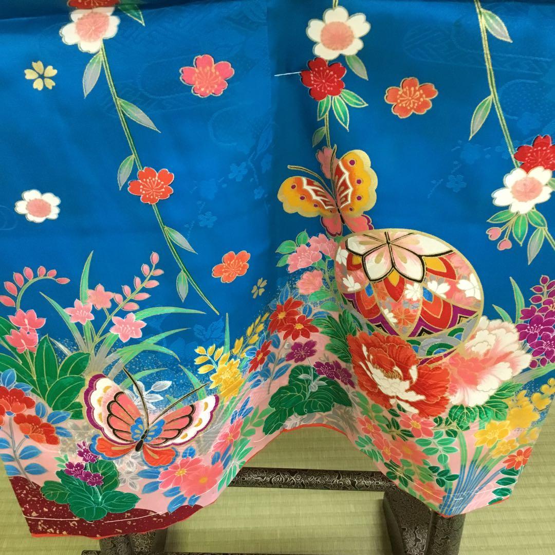 【新品】青色 えんじ色　花柄 蝶模様 着物 七五三　絹　3歳　三ツ身きもの