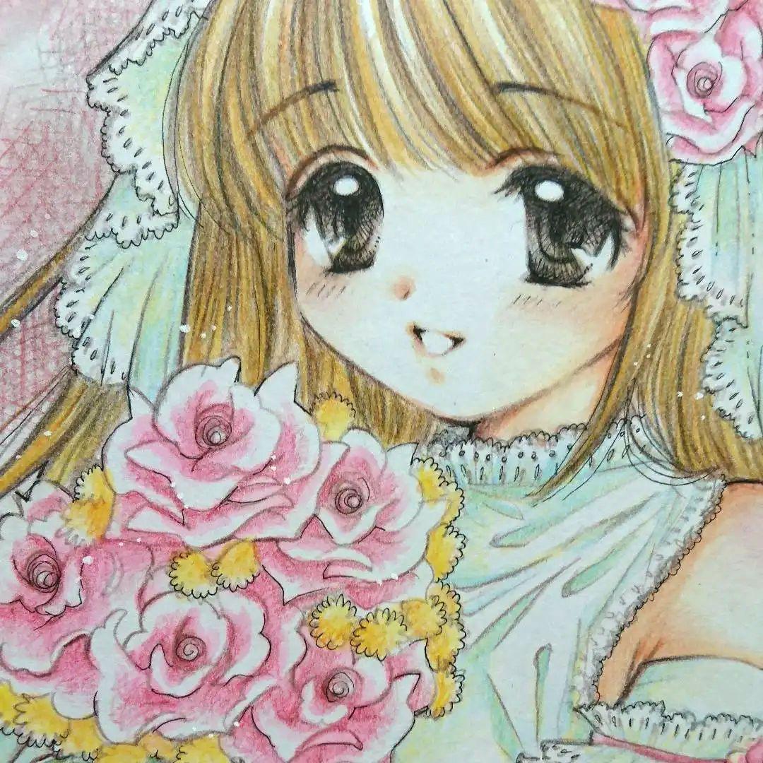不明 美少女直筆イラスト色紙 コミックマーケット 手描きイラスト ウエディング