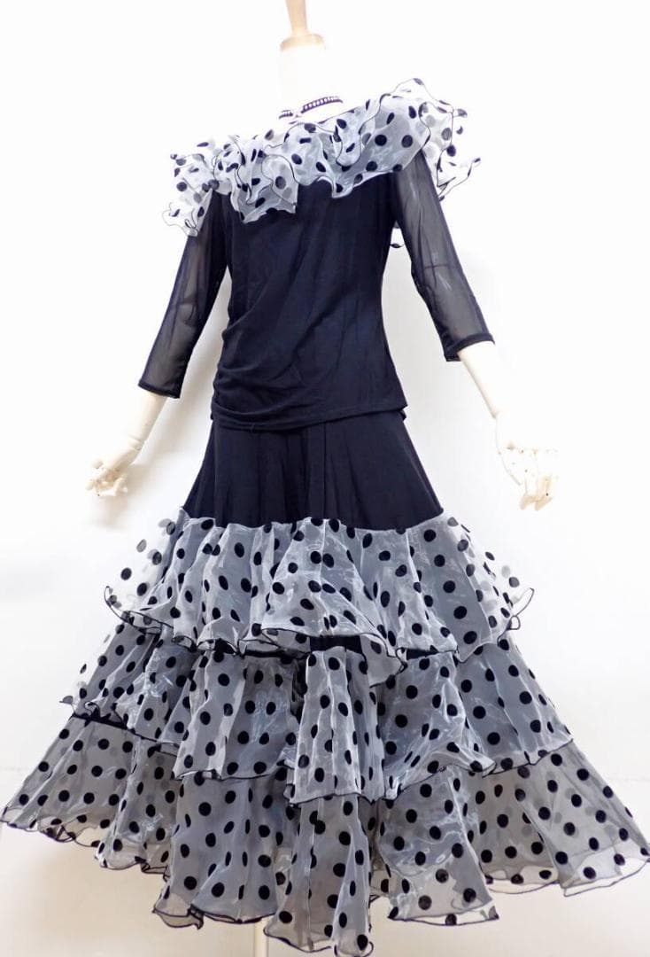 B1507★美品★MLサイズ★黒/フロッキードット/セットアップ☆社交ダンス