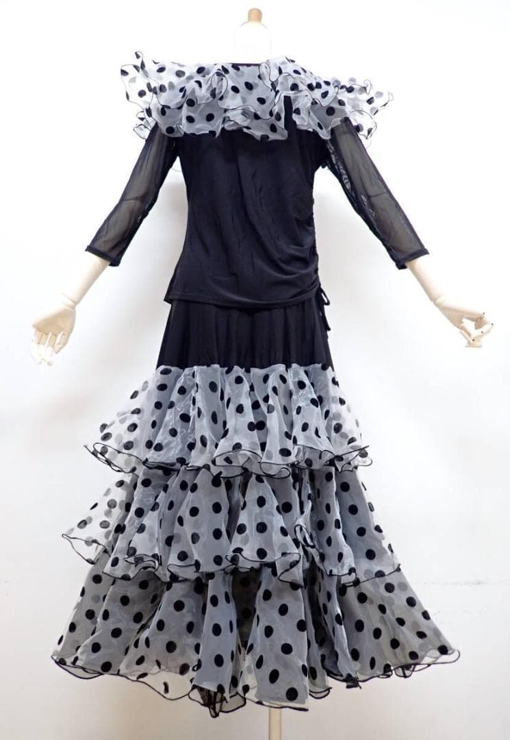 B1507★美品★MLサイズ★黒/フロッキードット/セットアップ☆社交ダンス