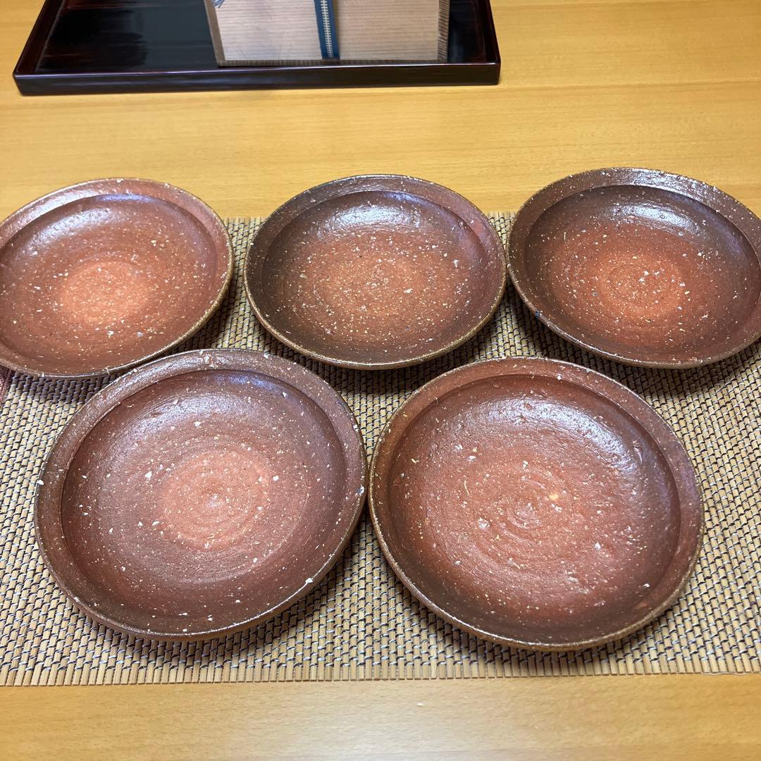 【未使用】信楽焼　楽斎　焼き締め　深リム皿　銘々皿　5P