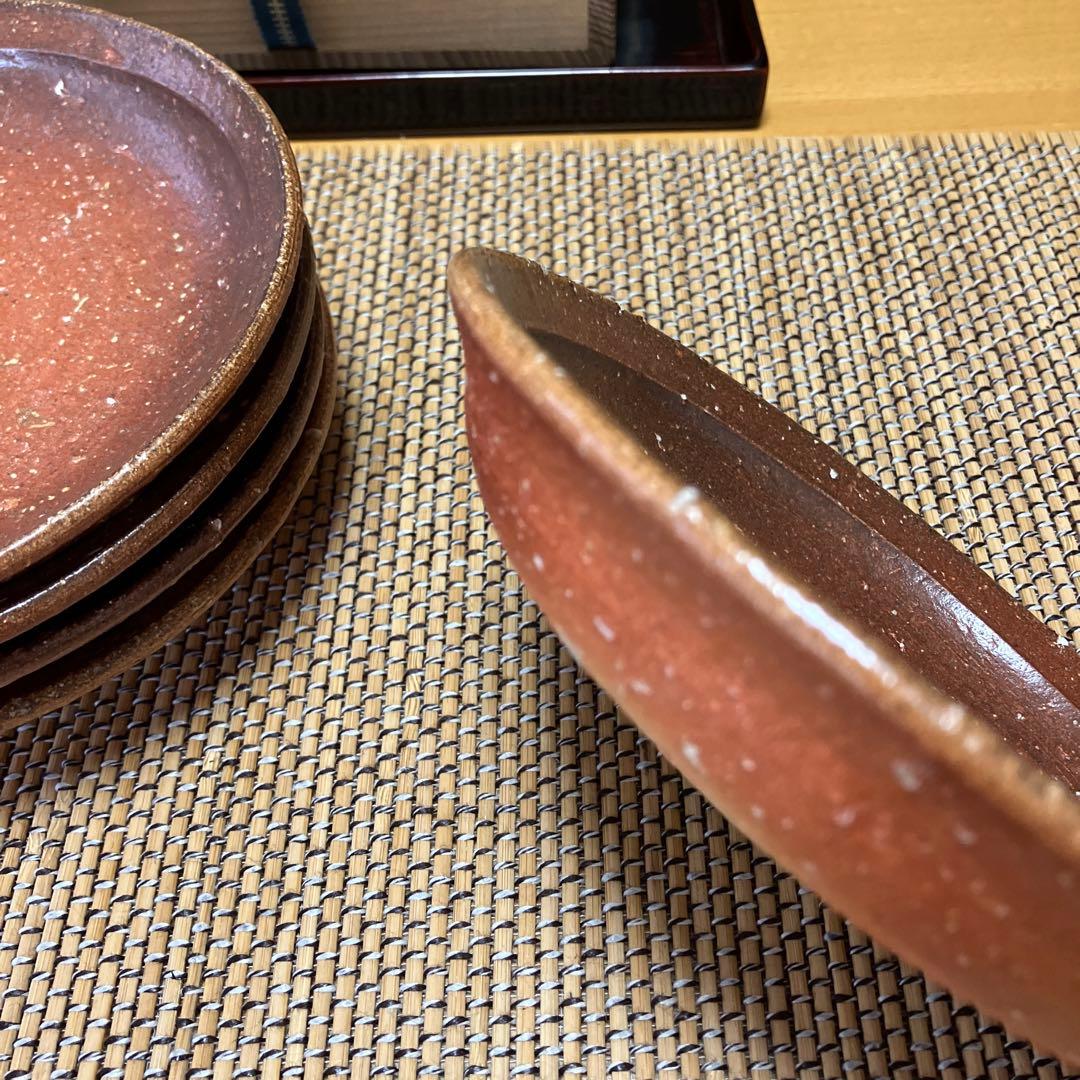 【未使用】信楽焼　楽斎　焼き締め　深リム皿　銘々皿　5P
