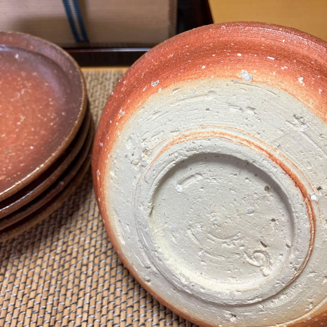 【未使用】信楽焼　楽斎　焼き締め　深リム皿　銘々皿　5P