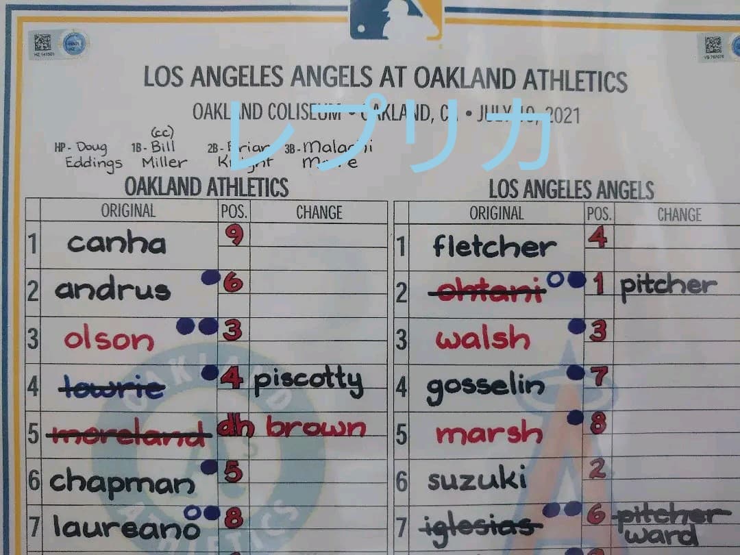 大谷翔平 7月19日(日本時間20日)3刀流出場試合 レプリカラインナップカード