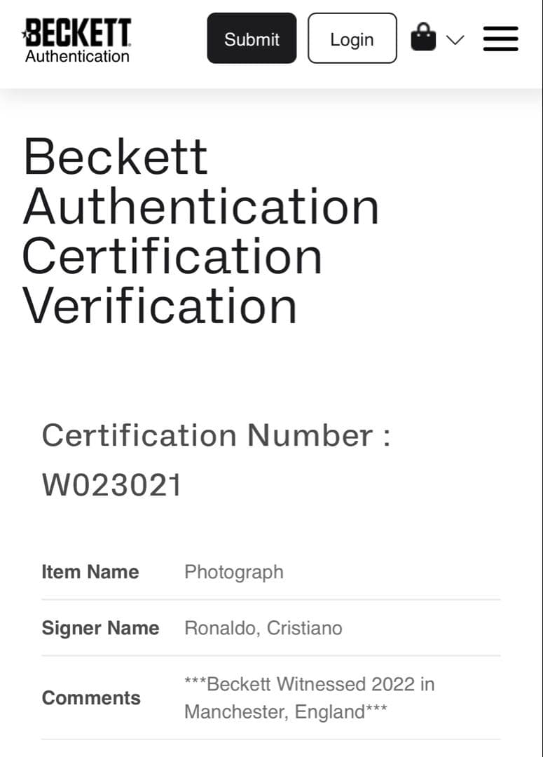 クリスティアーノロナウド 直筆サインフォト Beckett認証　額装済