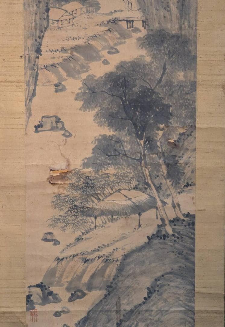 【真作】掛軸　文人山水図　渓谷風景・高士図　古雅な詩書画一致の逸品　V92