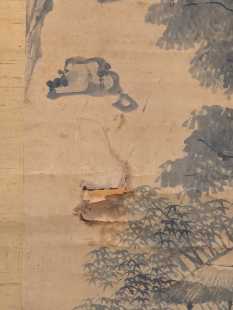 【真作】掛軸　文人山水図　渓谷風景・高士図　古雅な詩書画一致の逸品　V92