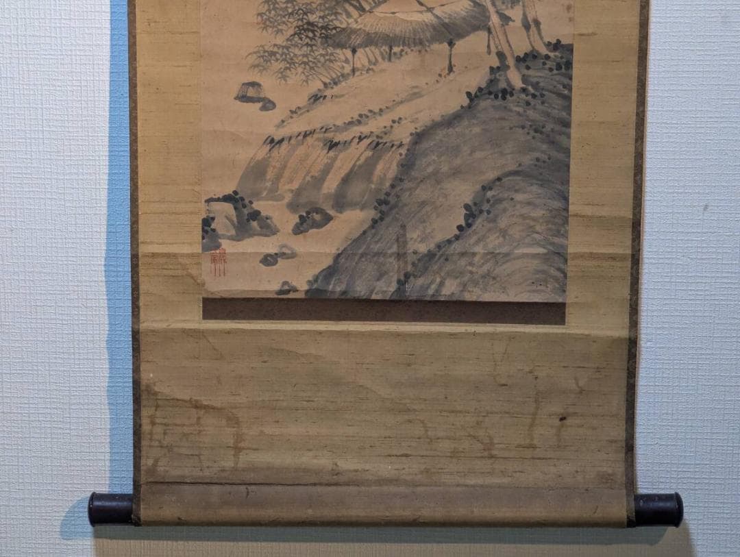 【真作】掛軸　文人山水図　渓谷風景・高士図　古雅な詩書画一致の逸品　V92
