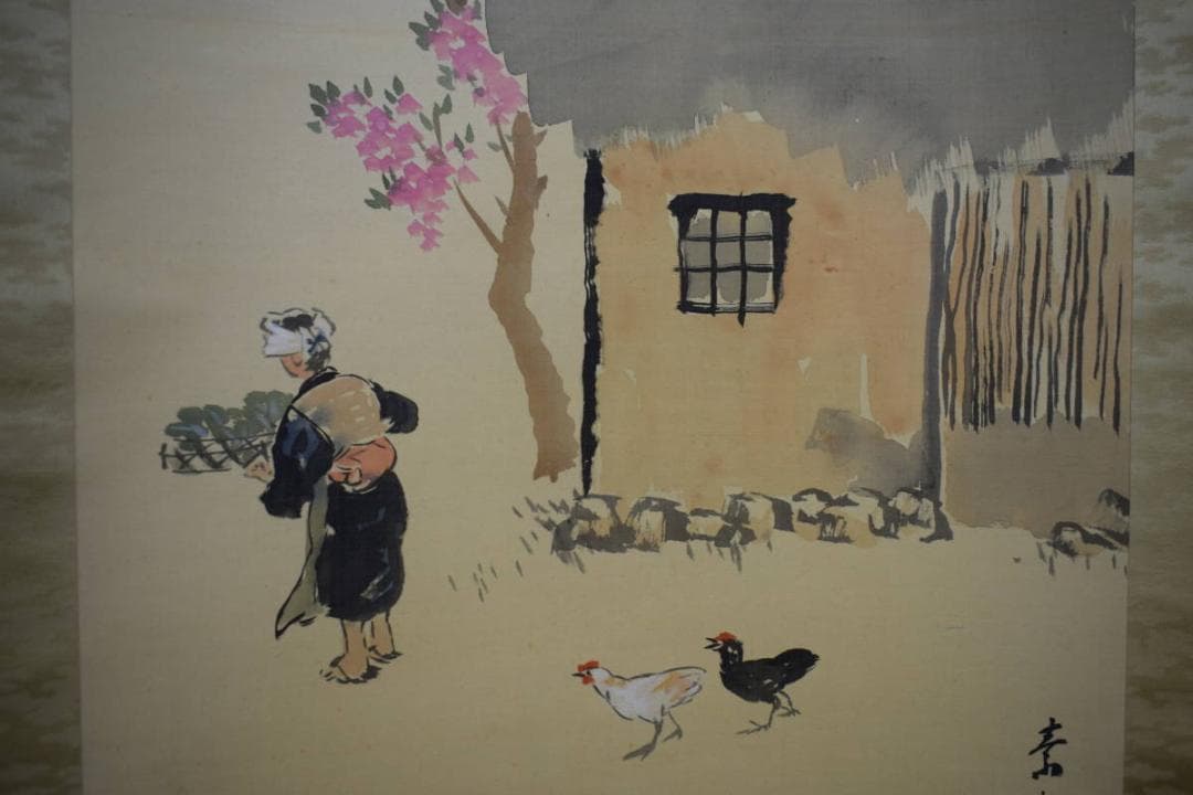 真作/保間素堂/田家の春図/布袋屋掛軸HE-762