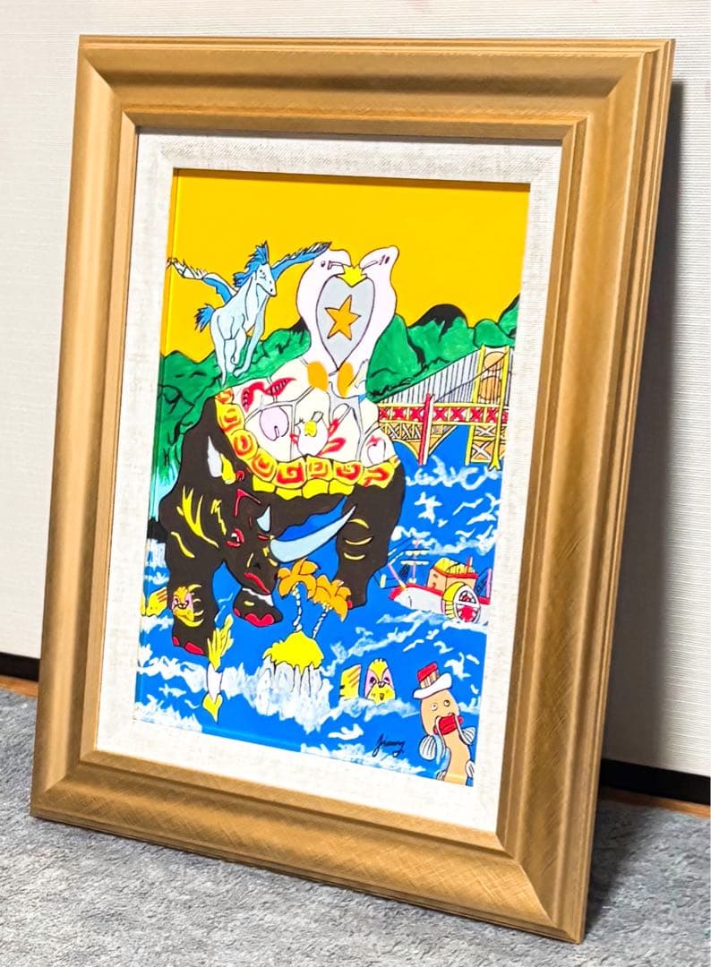 【F4号】手描き作品　ジミー大西 【神話】額縁　未使用額　サイン　落款　代表作