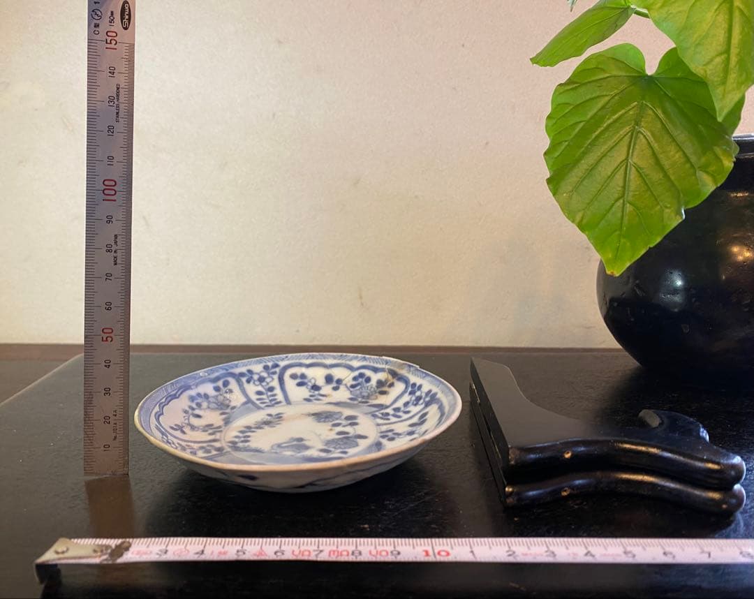 アンティーク・景徳鎮窯・染付蓉手鳥文・豆小皿•鑑賞スタンド付２点セット