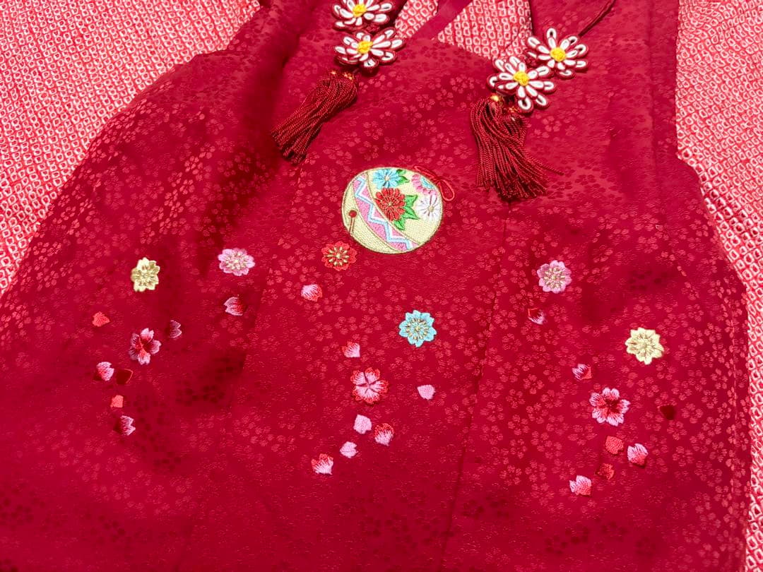 七五三　正絹　3歳　絞り　総絞り　被布　刺繍　一つ身　フルセット　赤　桜　百貨店