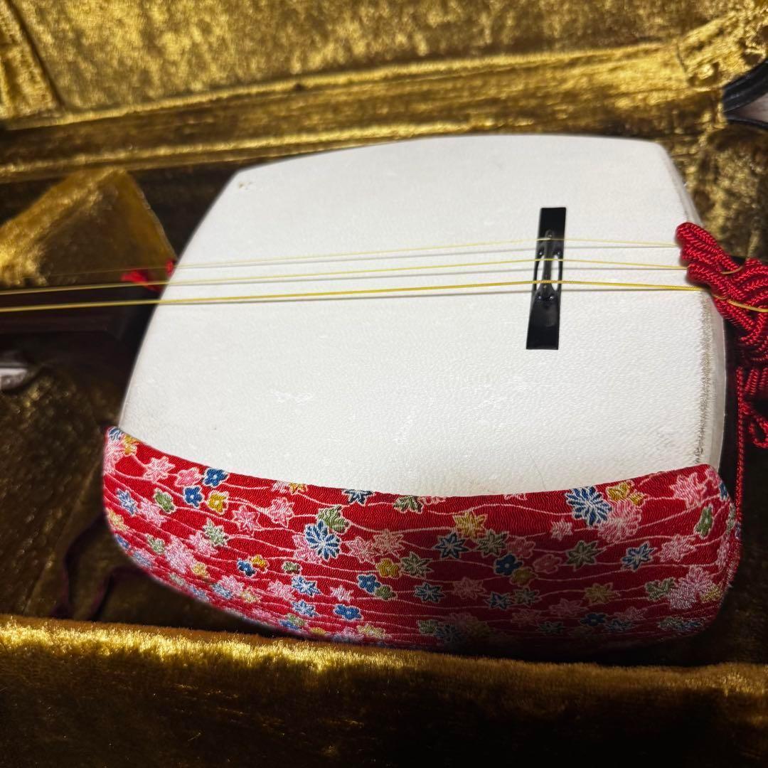 三味線　中棹　東さわり　紅木　1本溝　糸まき　素六　破れ有り　ハードケース付き
