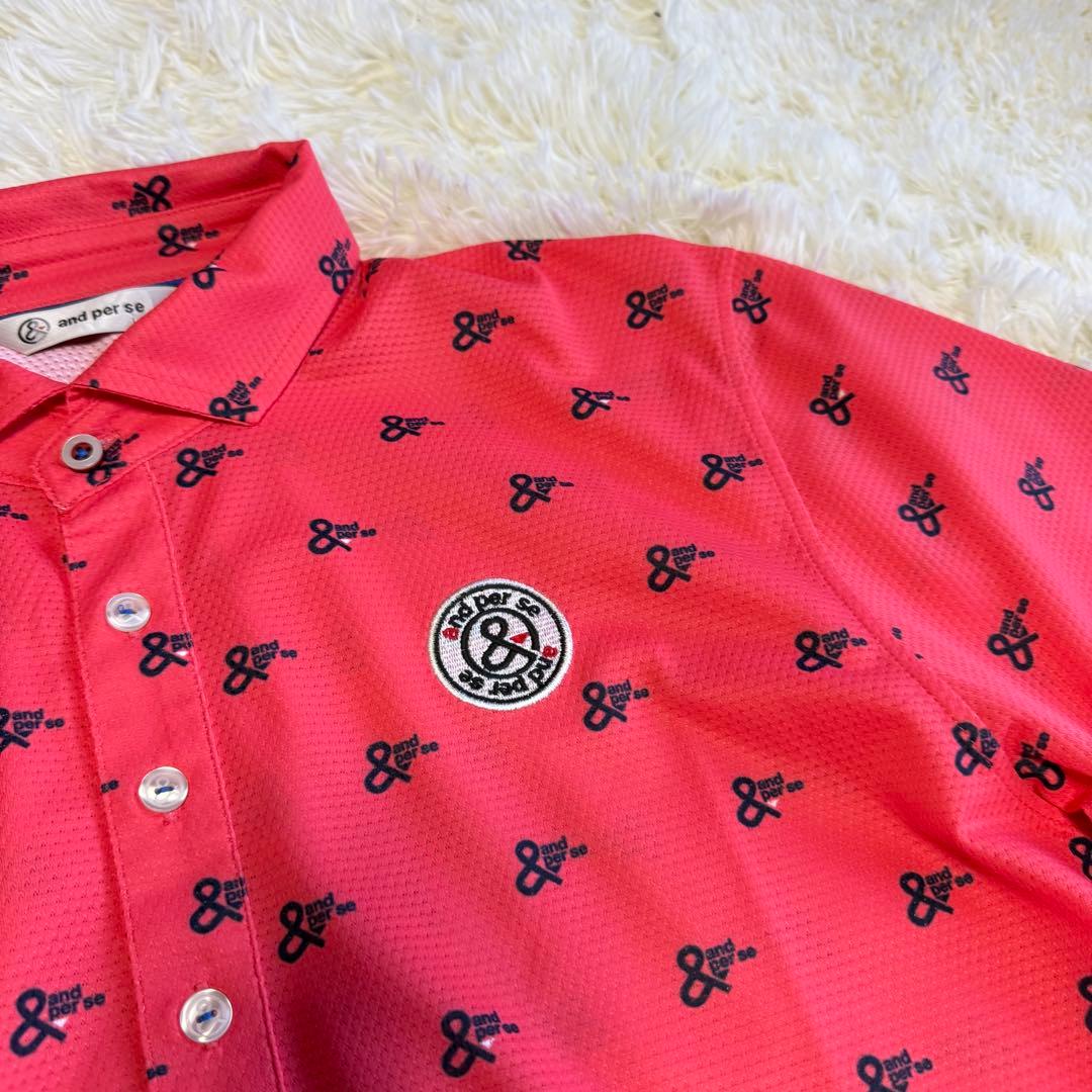 【アンパスィ】極美品 ポロシャツ 総柄 ピンク Lサイズ メンズ 総ロゴ