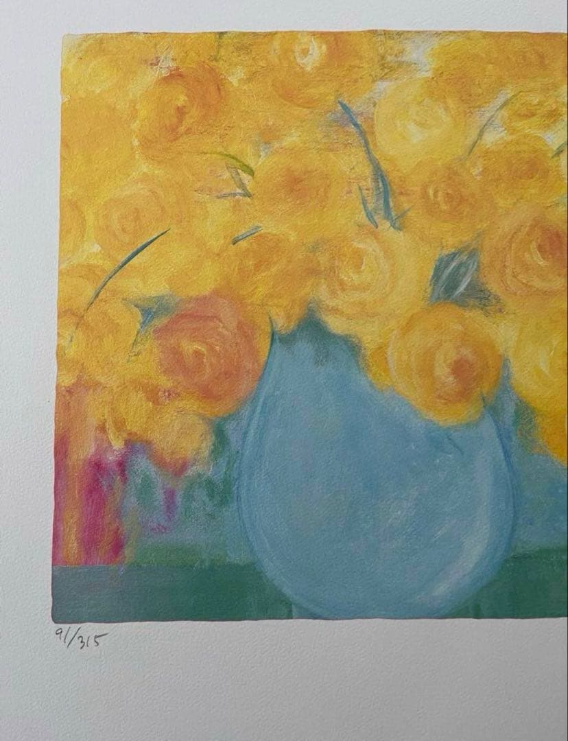 額入りリトグラフ　版画　サイン・エディションあり　インテリアアート　黄色　花の絵