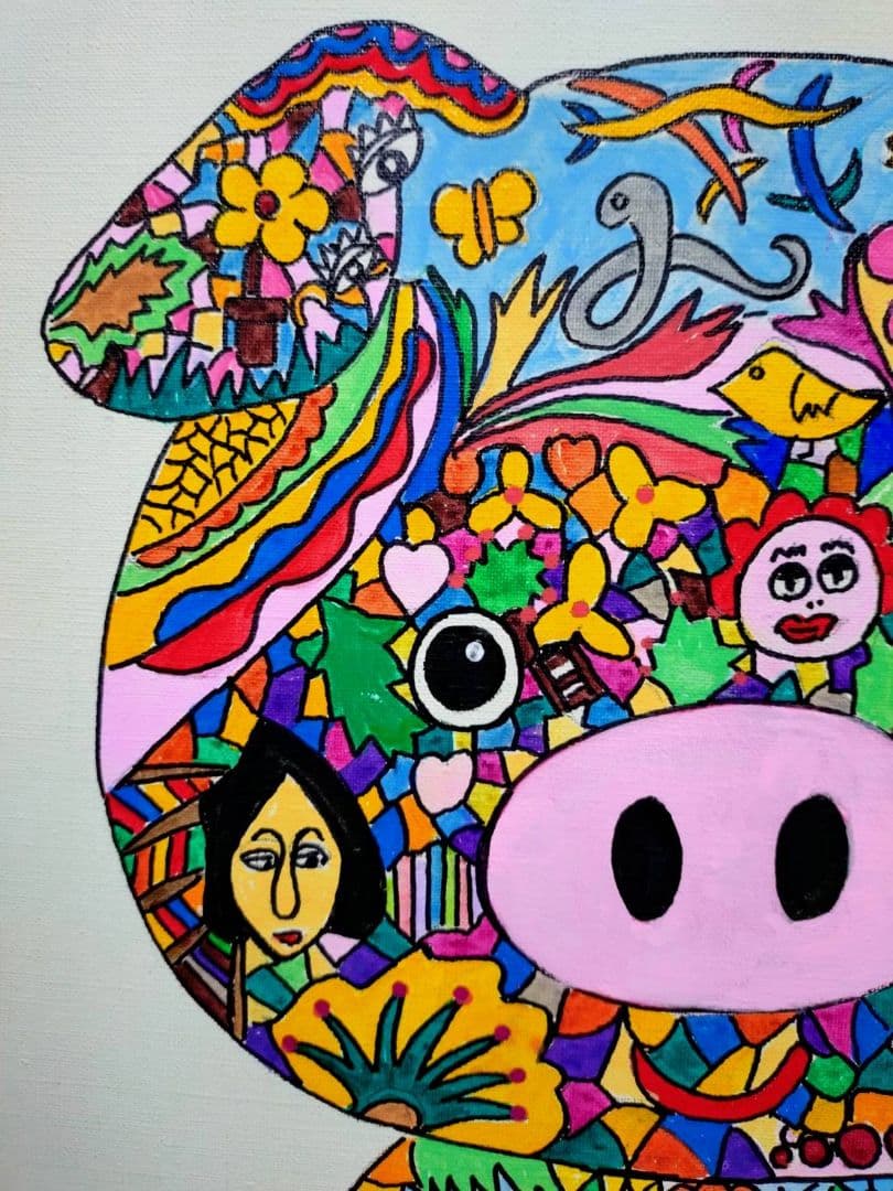 【F6号】ジミー大西【Pig】手描き作品/表裏サイン/油彩/アクリル/絵画/額縁