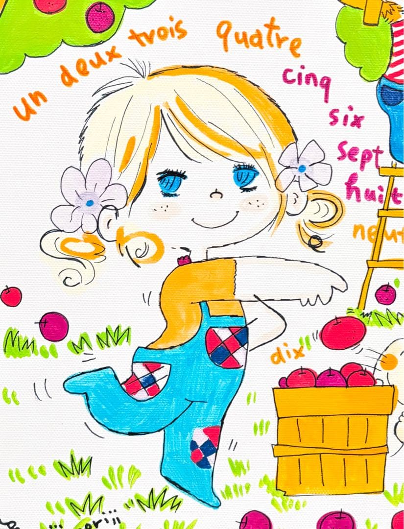 【F4号】手描き油彩　水森亜土　額縁　未使用額　サイン　絵画　かわいい　人気作品