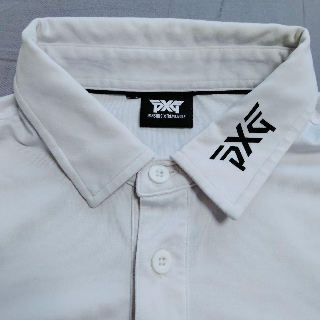 ピーエックスジー　PXG ホワイト ポロシャツ　三つボタン　ロゴプリントあり