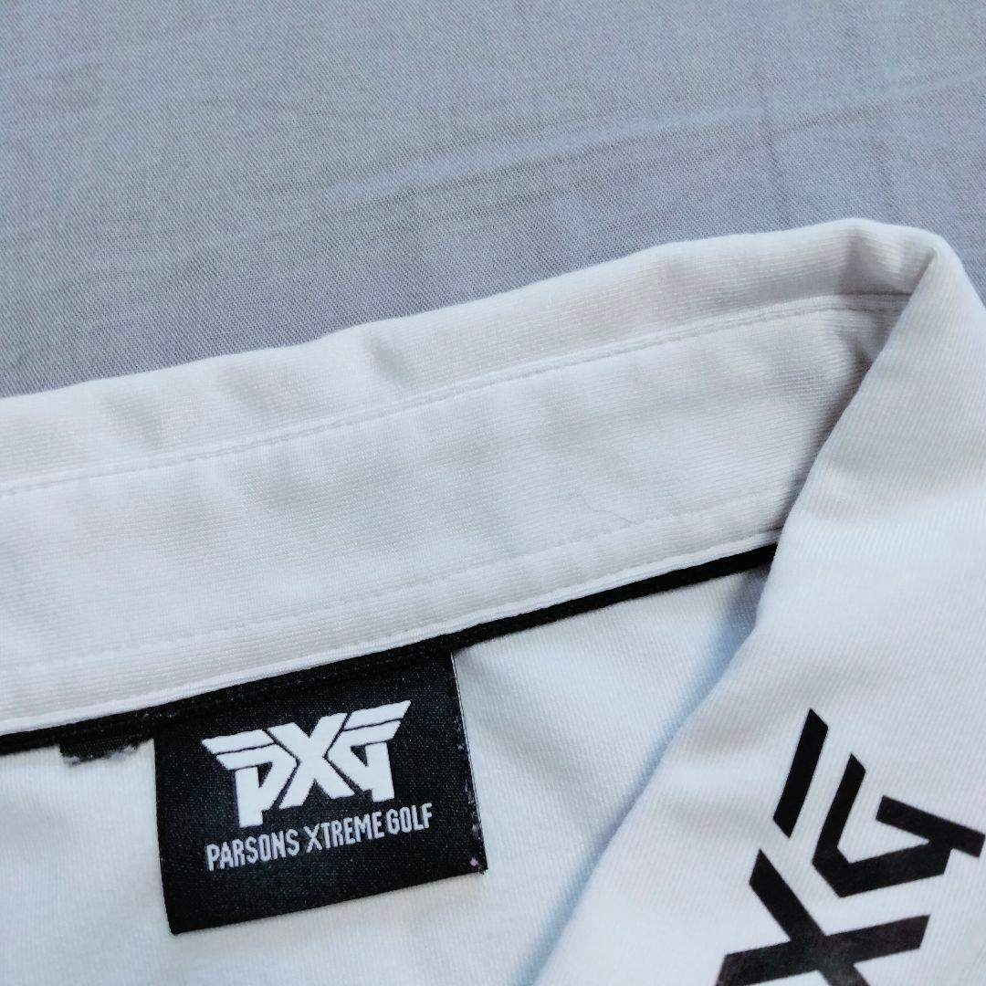 ピーエックスジー　PXG ホワイト ポロシャツ　三つボタン　ロゴプリントあり