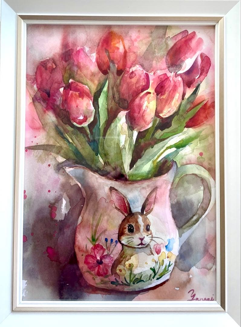 水彩画 原画 うさちゃんのかわいい花瓶