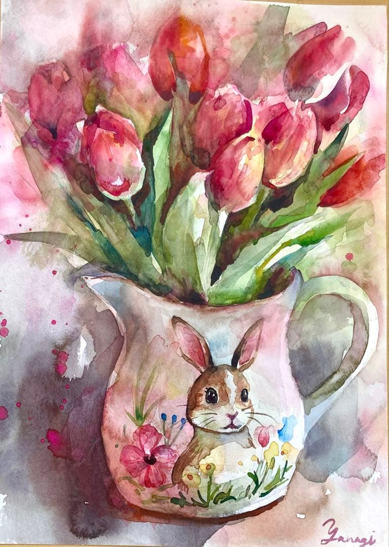 水彩画 原画 うさちゃんのかわいい花瓶
